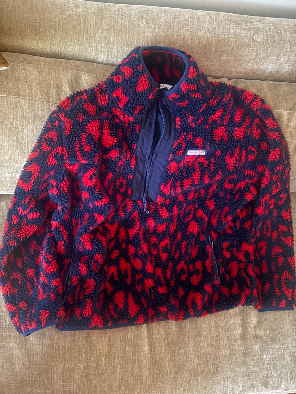 Vineyard Vines Red and Navy Sherpa Pullover Fleece - medium